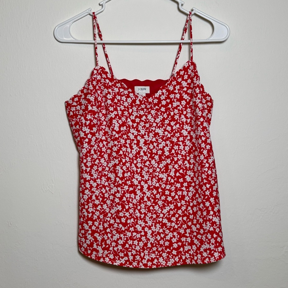 J.Crew Red Floral Cami Top Women's Size 0 Spaghetti Strap Scalloped‎ Tank